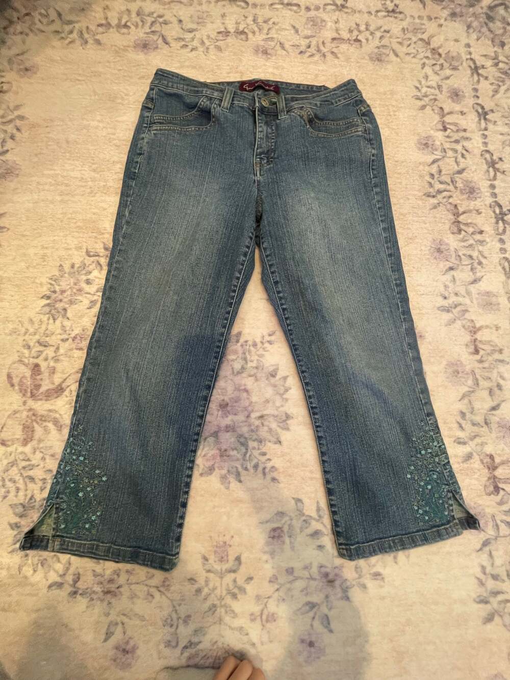 denim and embroidered capris
